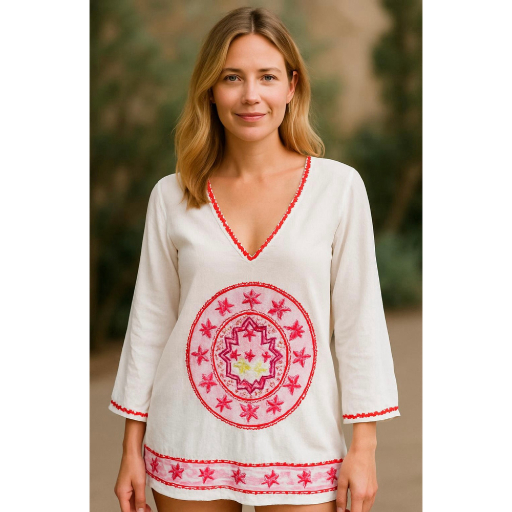 Womens White Diamonds White Red Embroidered Tunic Top Lg Boho Peasant Cottagecor